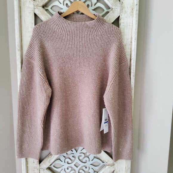 Calvin Klein Women's Sequin Metallic Long Sleeve Mock Neck Sweater in Beige - Picture 2 of 7
